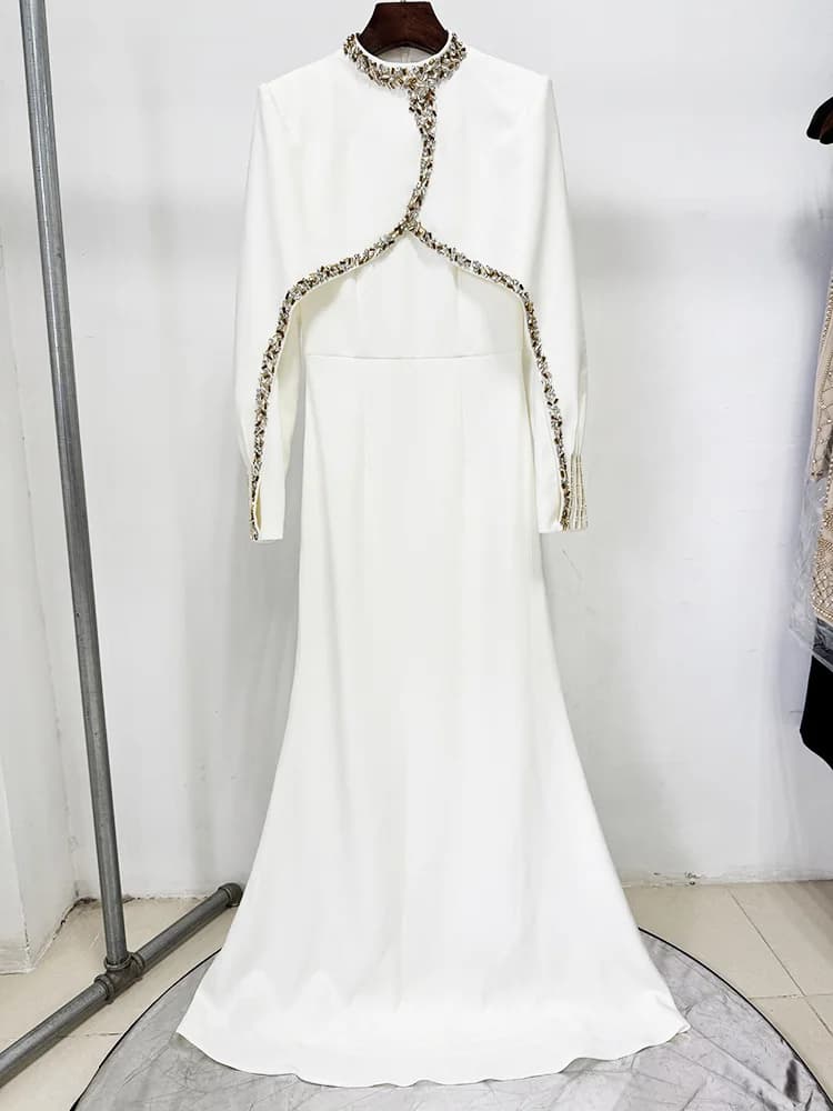 HIGH STREET Nouveauté 2026 Robe longue maxi de créateur pour femme, ornée de diamants et de perles, 