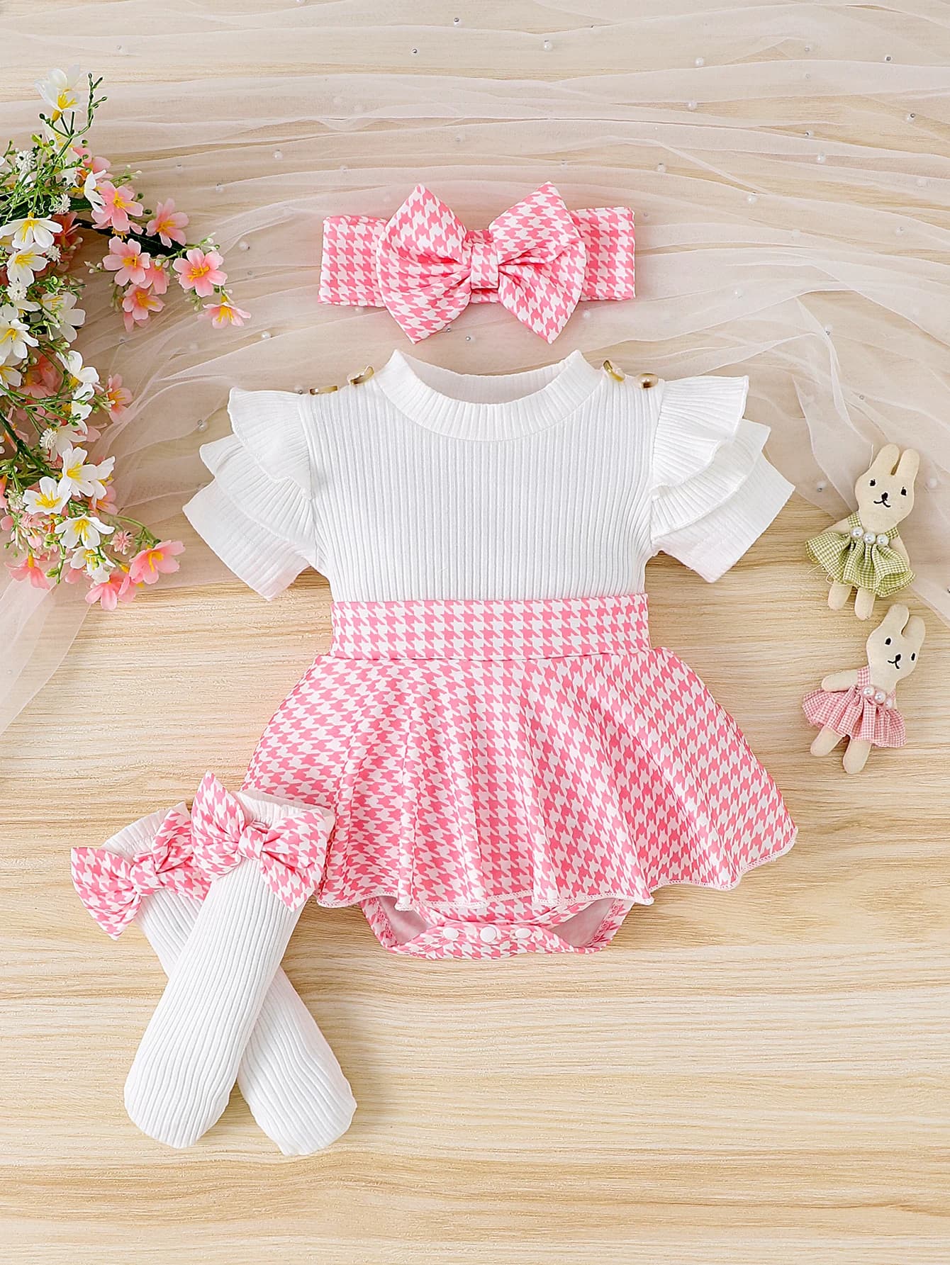 Robe pied-de-poule à manches courtes pour filles de 0 à 1 ans, 3 pièces, nouveau style, douce et rav