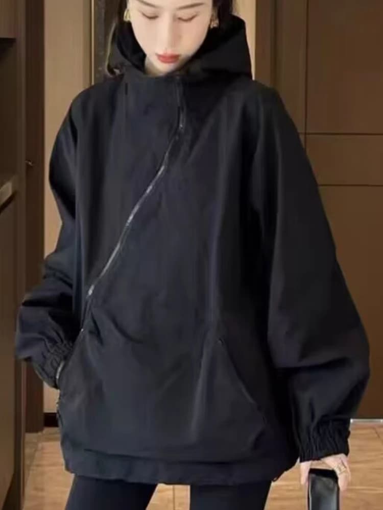 Vestes monochromes à capuche pour femmes, fermeture éclair simple, poches de loisirs, style japonais