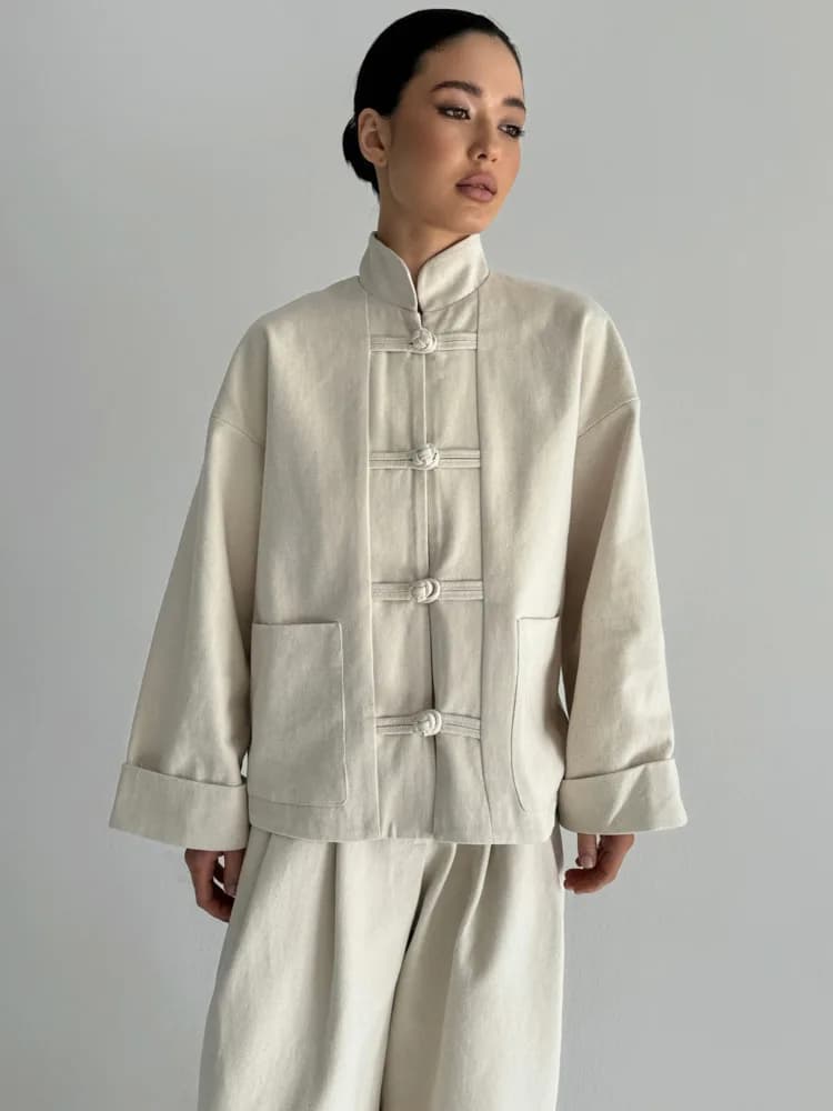 VTKW 2026 Nouvel ensemble veste et pantalon pour femme style chinois, col mandarin, boutons grenouil