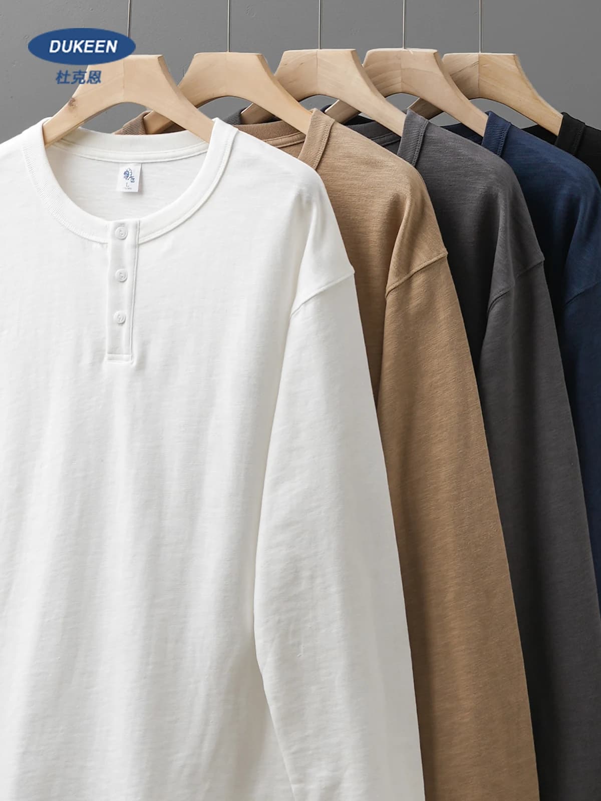 DUKEEN T-shirt à manches longues en coton lourd 320 g pour homme, style Henley, couleur unie, style 