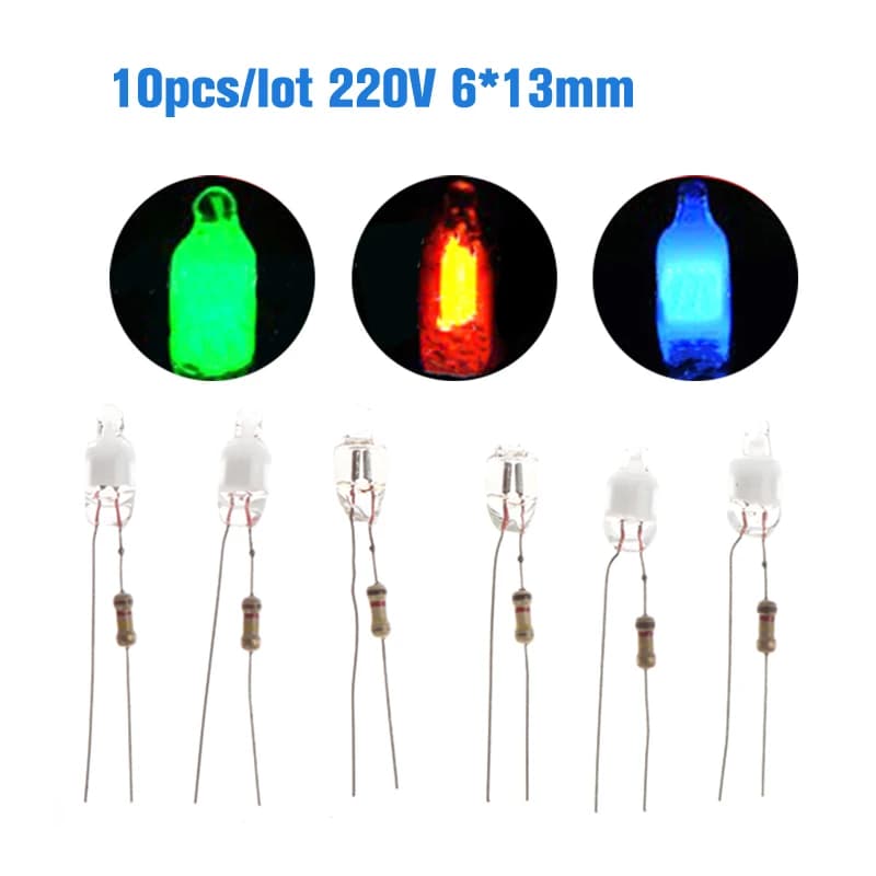10 pièces indicateur néon vert rouge bleu signes 6mm lampe au néon lueur 2 fil de cuivre 6X13mm ampo