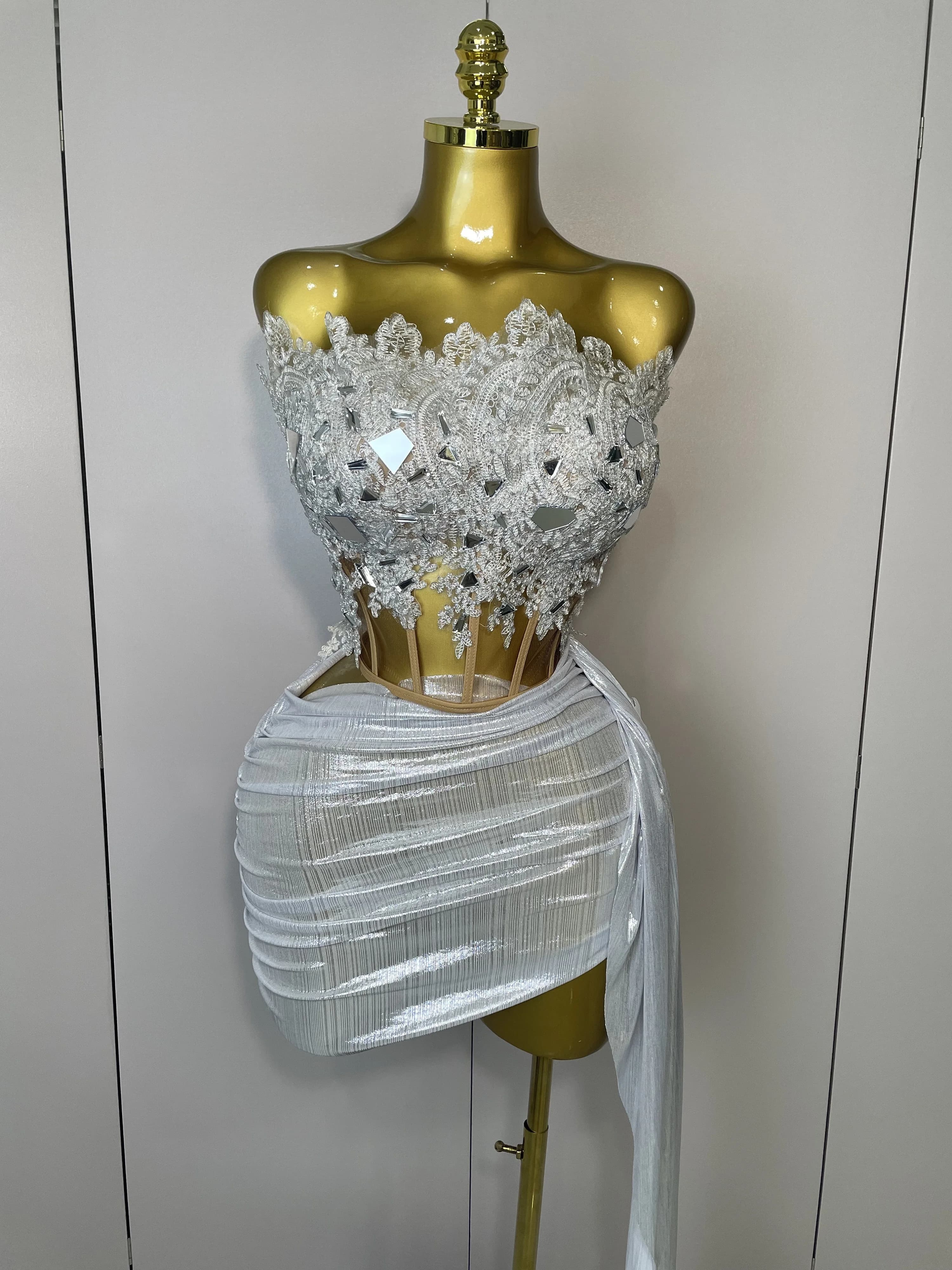 Robe courte sans bretelles à paillettes argentées scintillantes, ensemble de 2 pièces pour femmes, f