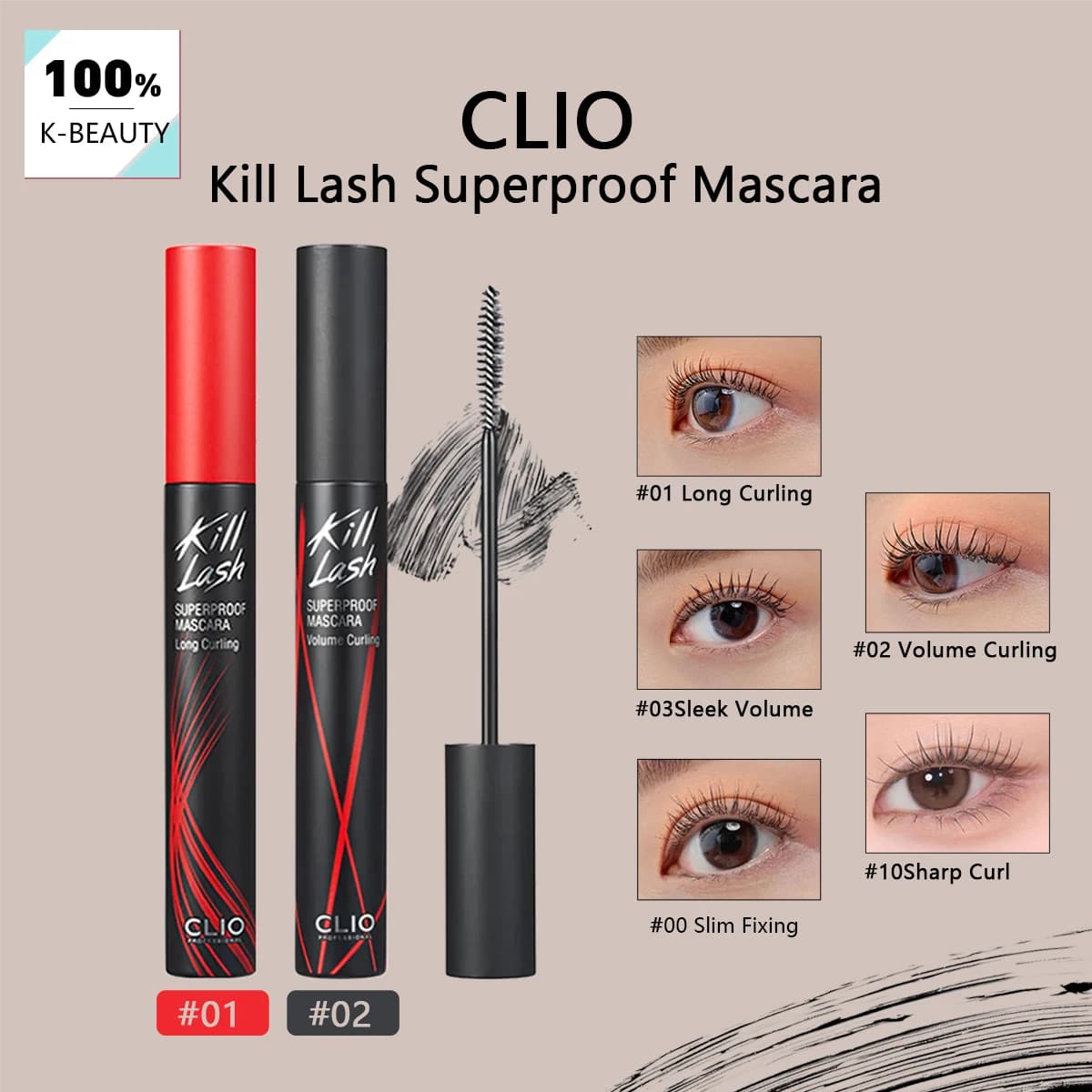 Mascara CLIO Kill Lash Superproof, Formule Volumisante, Léger et Sans Grumeaux, Défini et Séparé, Co