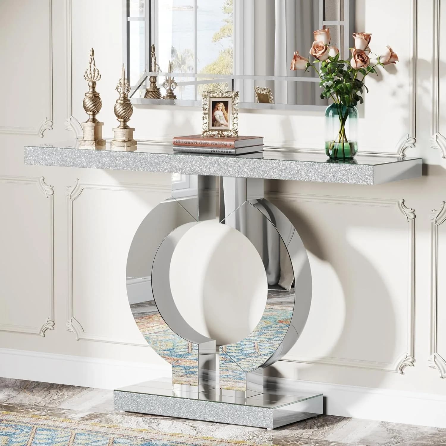 Table console en miroir avec base en forme de O, table d'entrée, table de canapé en verre avec finit