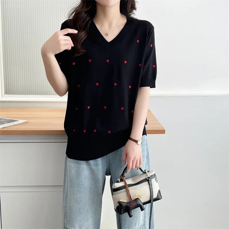 Pull à manches courtes Ice InjEmbroidery Coussins Temperament pour femmes, vêtements décontractés, g