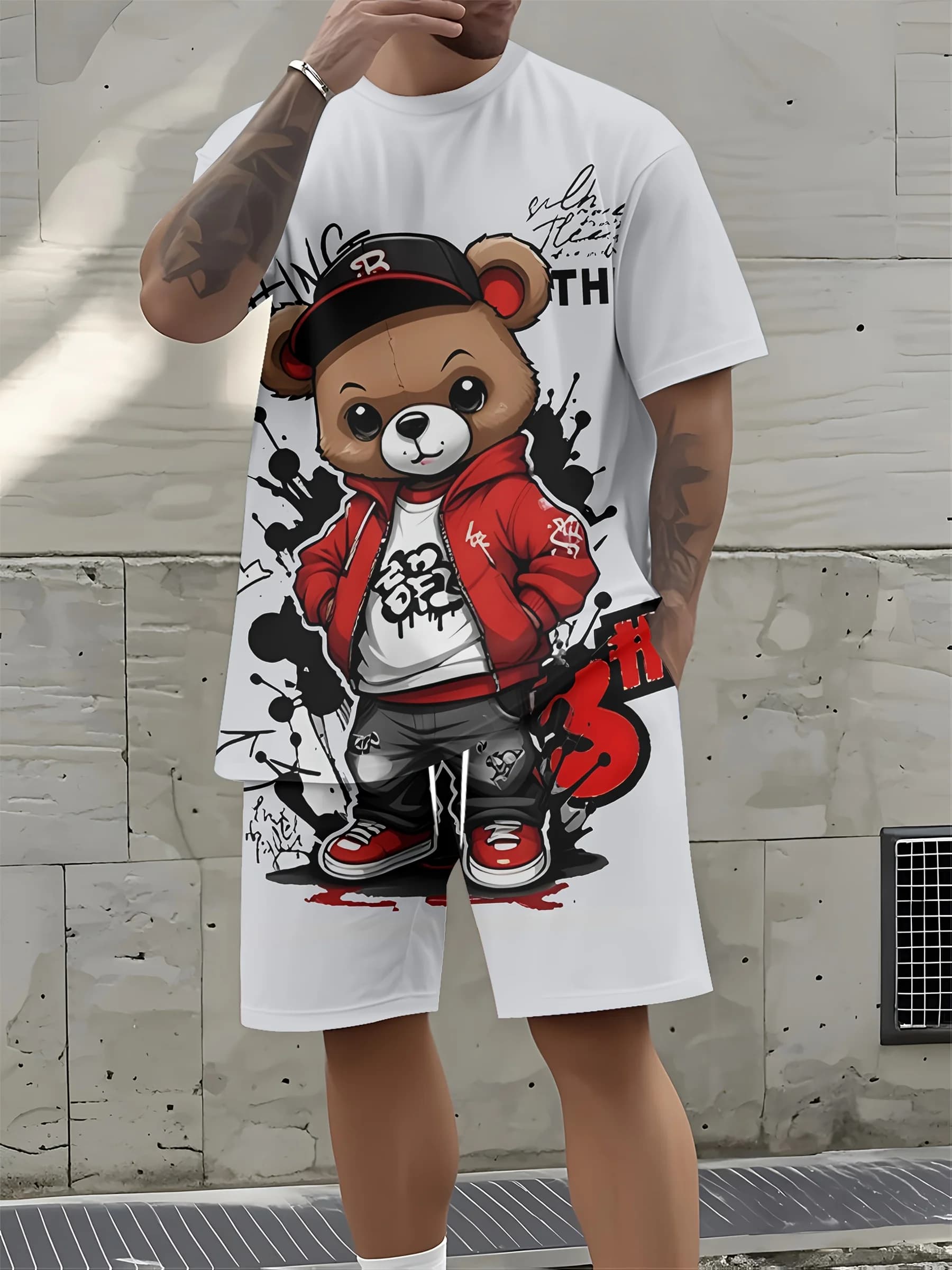 Ensemble T-shirt et short à col rond pour hommes, nouvelle mode d'été imprimé ours en peluche, doux 