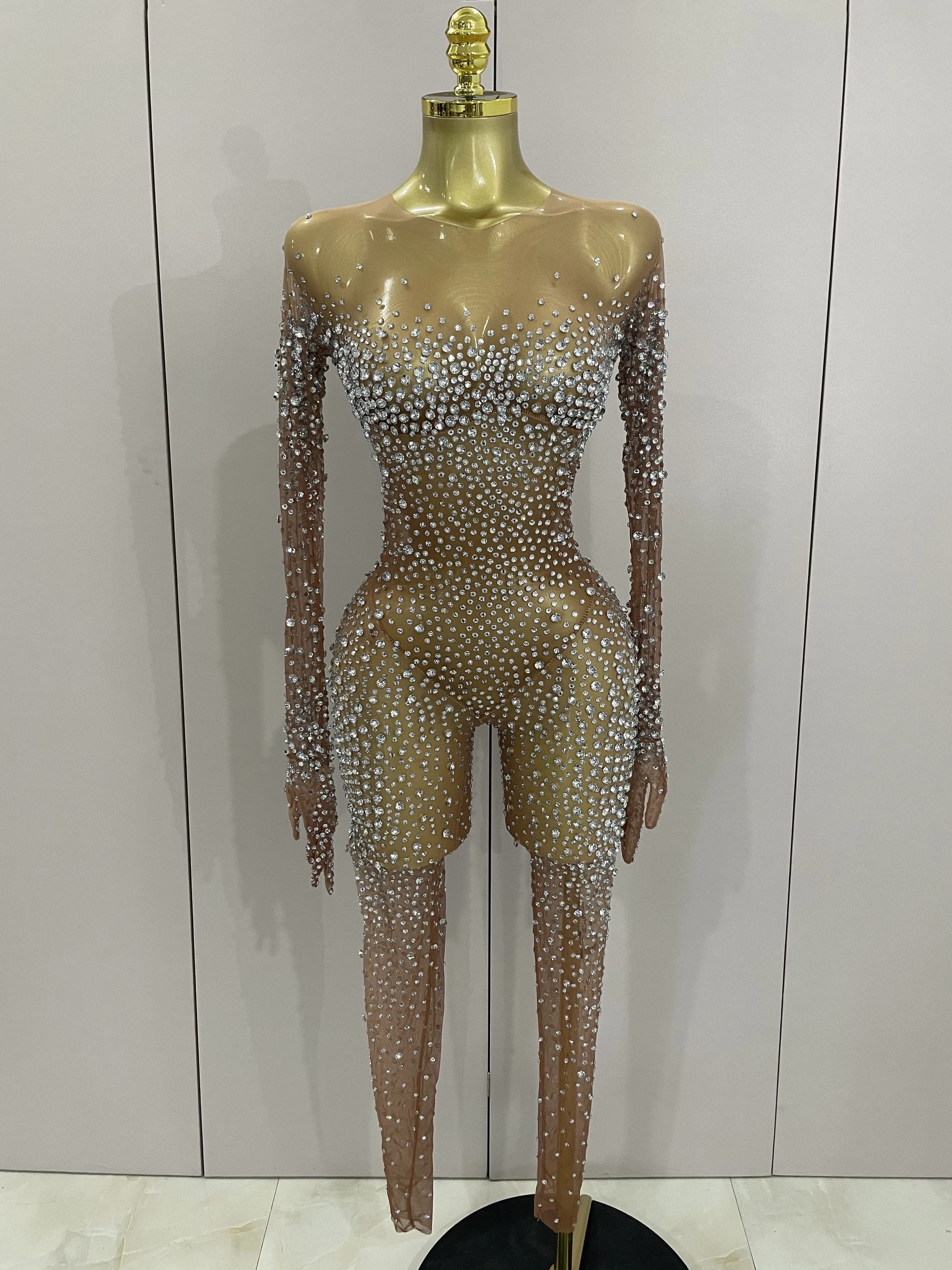 Combinaison de luxe en maille transparente pour femmes, strass scintillants, Sexy, moulante, robe d'