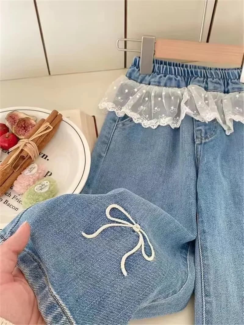 Pantalon en jean brodé avec dentelle pour filles, nouveau jean à nœud brodé, vêtements pour enfants,