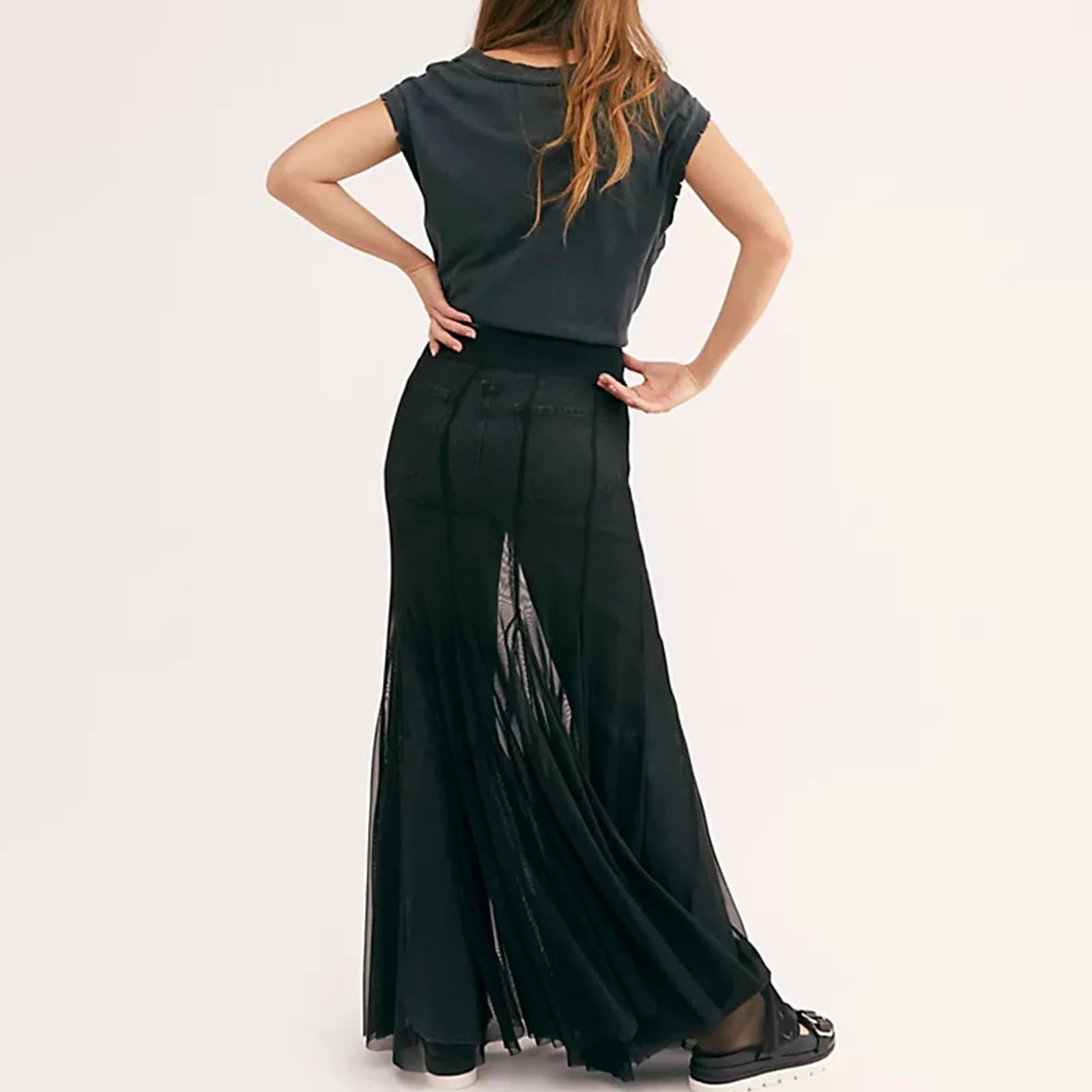 Jupes longues transparentes en maille pour femmes, taille haute élastique, ourlet à volants, jupes f