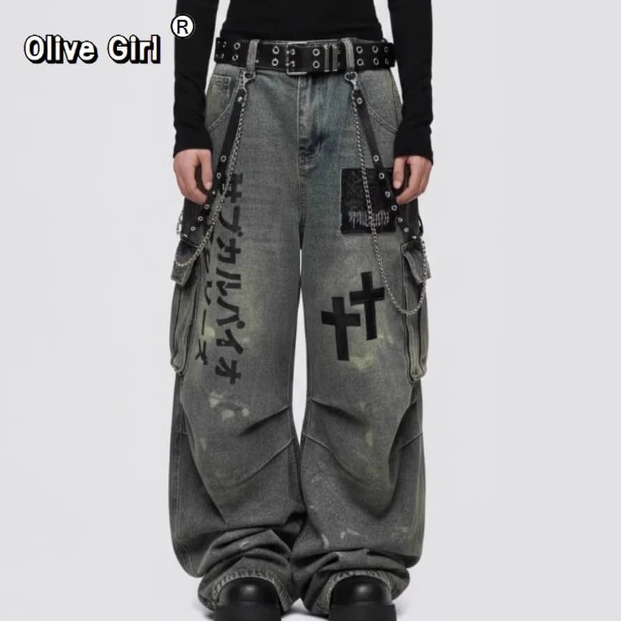 Grande taille crâne croix femmes jean pantalon Denim pantalon américain rétro ambiance jambes larges