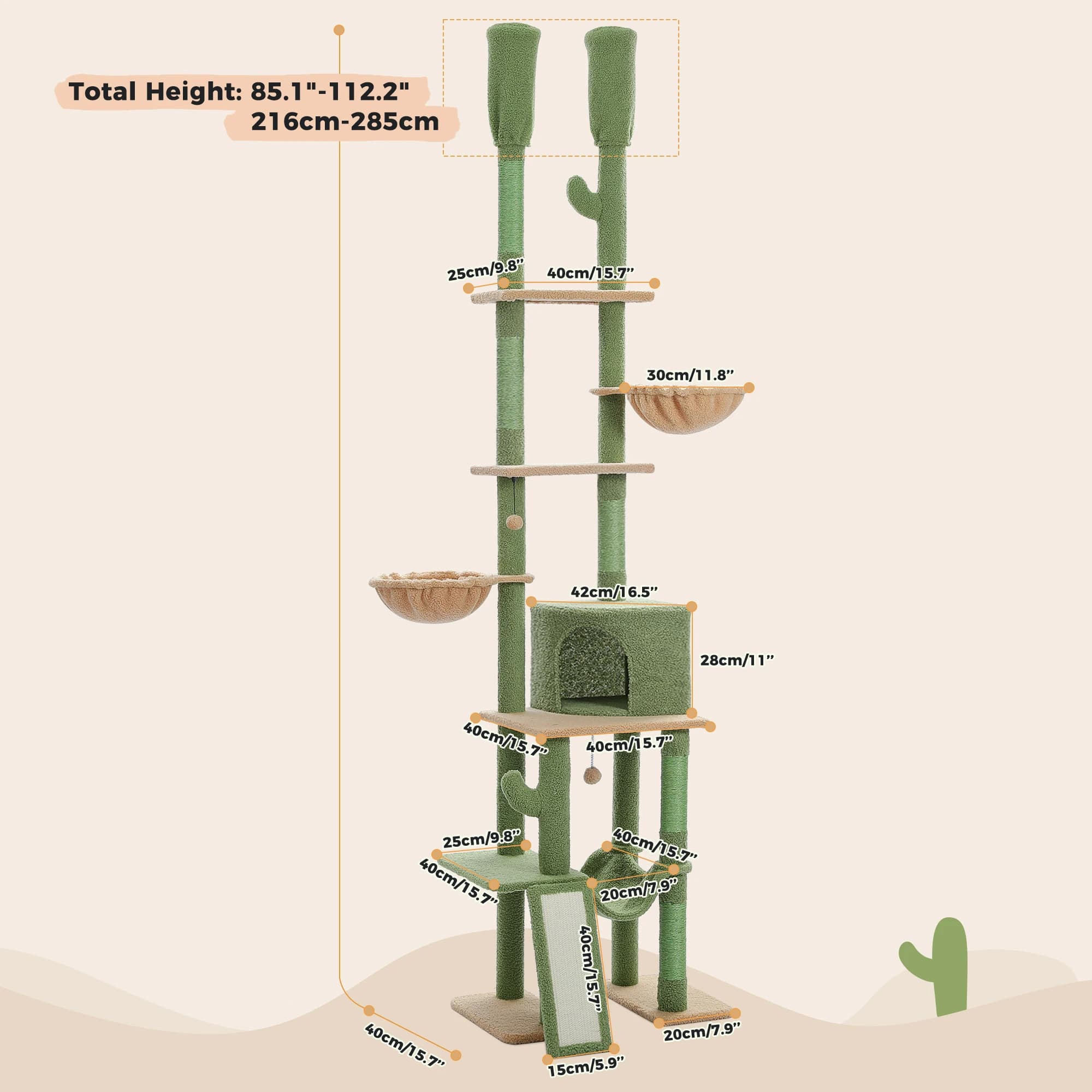 Arbre à chat Cactus du sol au plafond, tour à chat à 7 niveaux, arbre d'escalade pour chat avec hama