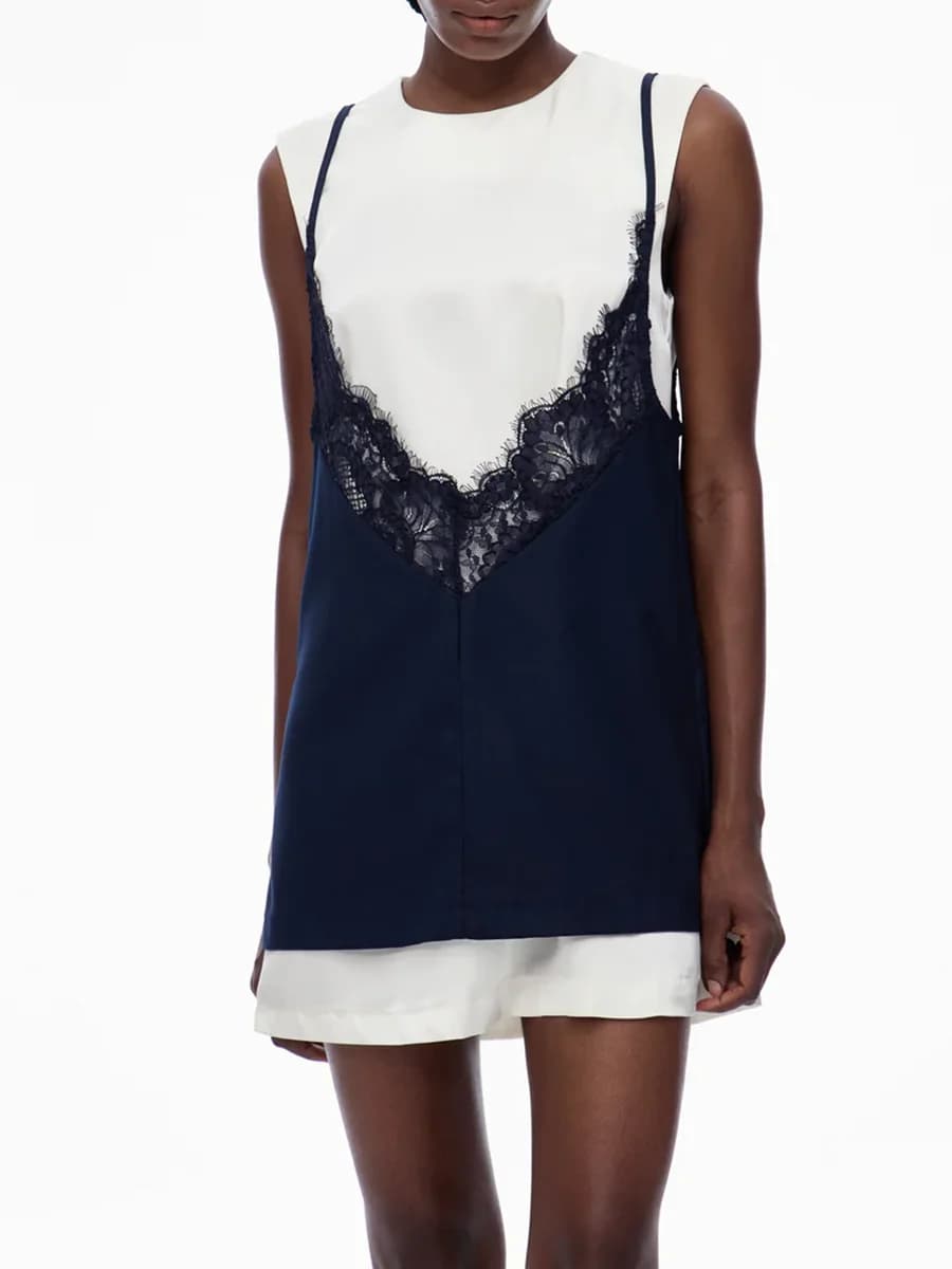 TWOTWINSTYLE Hit couleur épissé dentelle robes décontractées pour les femmes col rond sans manches b