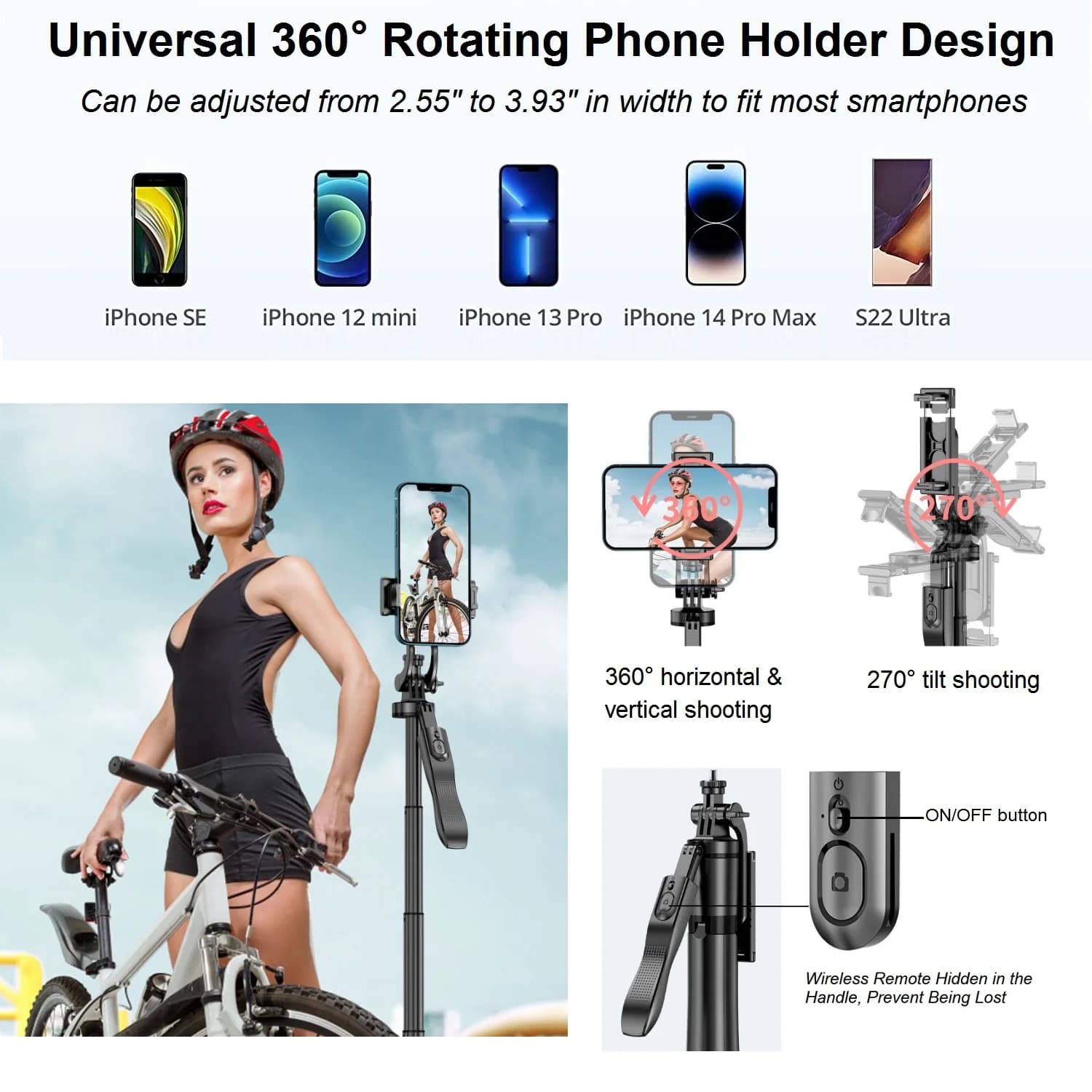Trépied perche à Selfie avec télécommande, trépied de téléphone de voyage extensible de 60 pouces po