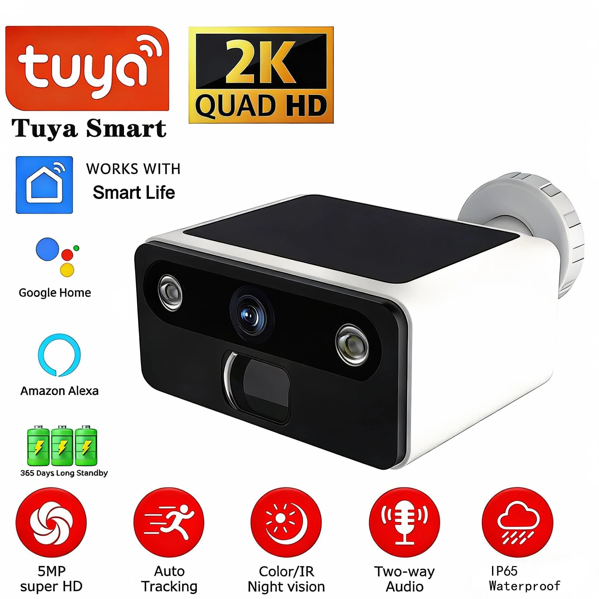 Caméra solaire Wifi Tuya 5MP, sans fil, alimentée par batterie, caméra IP extérieure 2K, IP66, surve