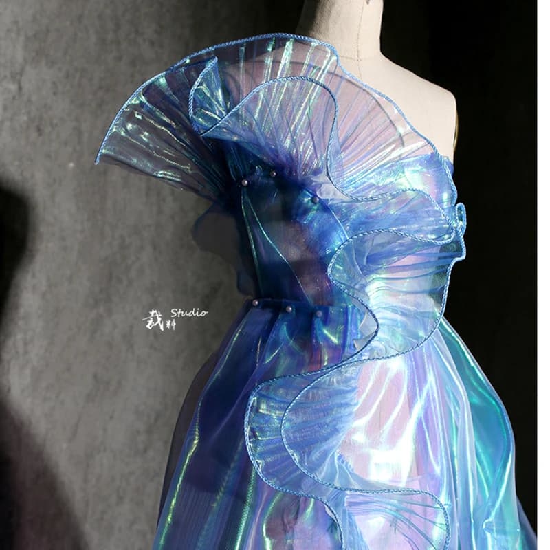 Tissu en dentelle bleue plissée effet sirène, 1 mètre, Lustre néon Laser pour femmes, robe de 15CM d