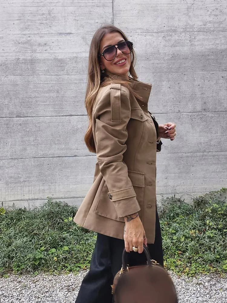 HH femmes automne mode vestes manches longues col haut poches simple boutonnage décorer manteaux fem