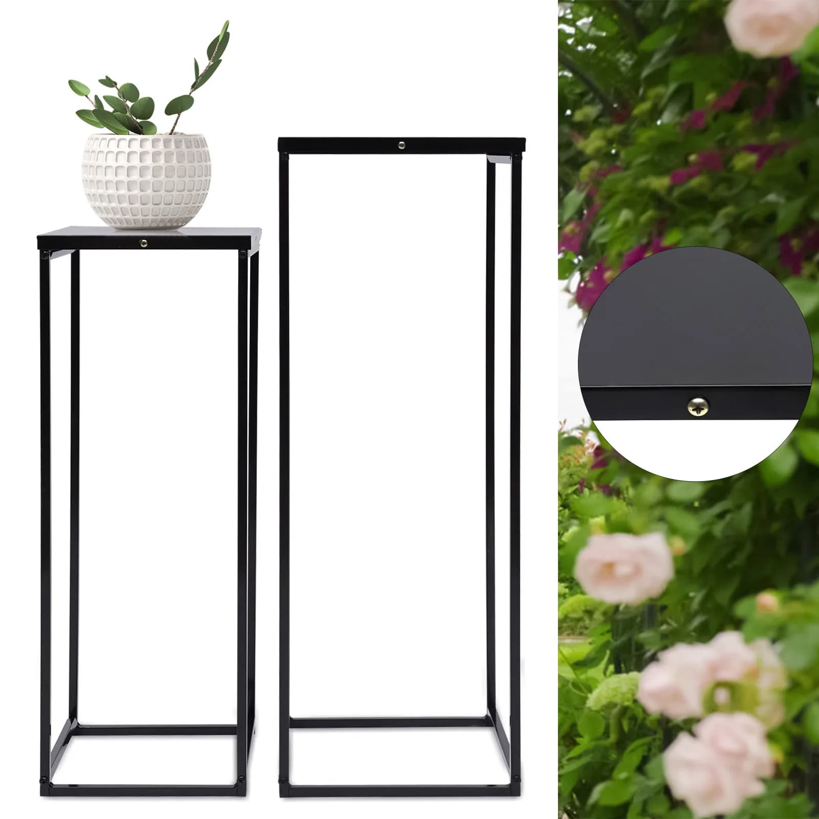 Support pour plantes noir, 2 pièces, carré en métal, support Durable pour fleurs, Patio, jardin, déc