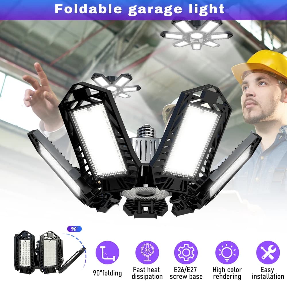 Eclairage de garage pliant, lumière LED, plafonnier E26, lumières High Bay, OVNI, ampoule déformable