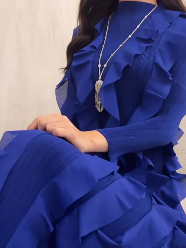 Ata Yake-Robe plissée à col rond pour femme, manches longues, volants épissés, vêtements de soirée, 