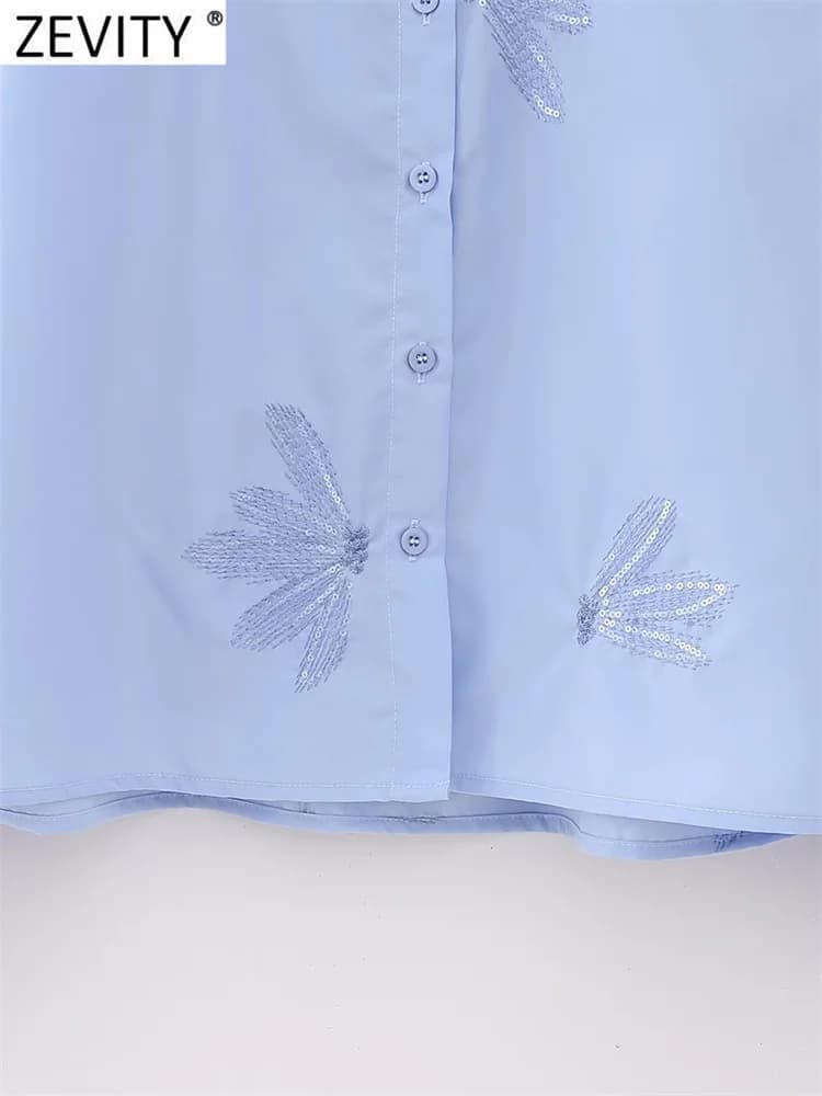 Zevity femmes mode paillettes fleur broderie courte Smock Blouse bureau dames Chic à manches longues