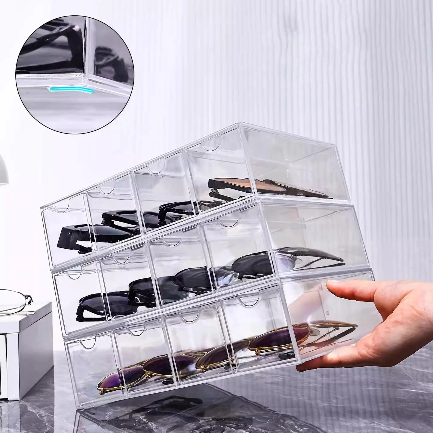 Boîte de rangement pour lunettes de vue, tiroir transparent pour la maison, organisateur de lunettes