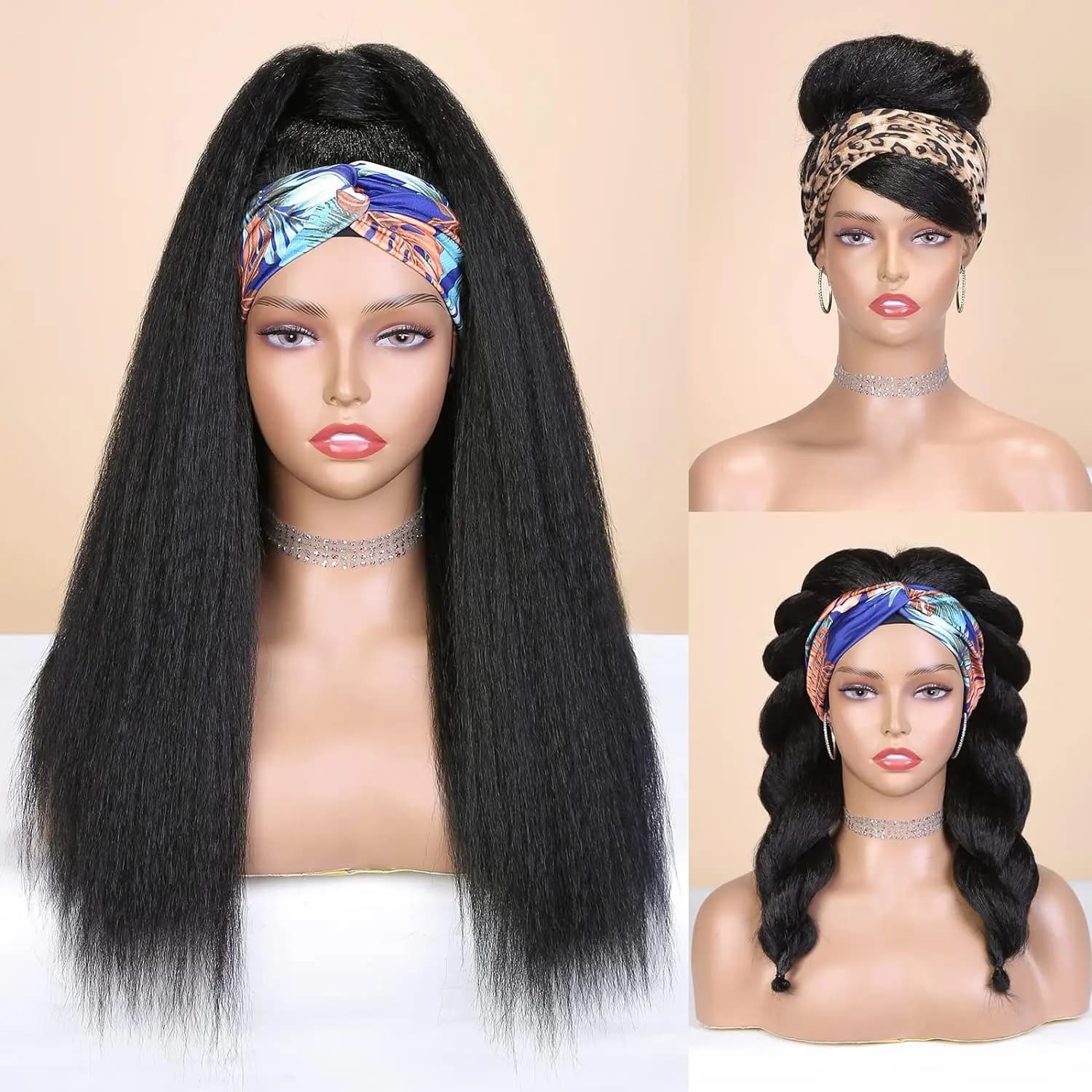 Perruque synthétique Yaki lisse et crépue pour femmes, perruque avec bandeau noir, facile à coiffer,