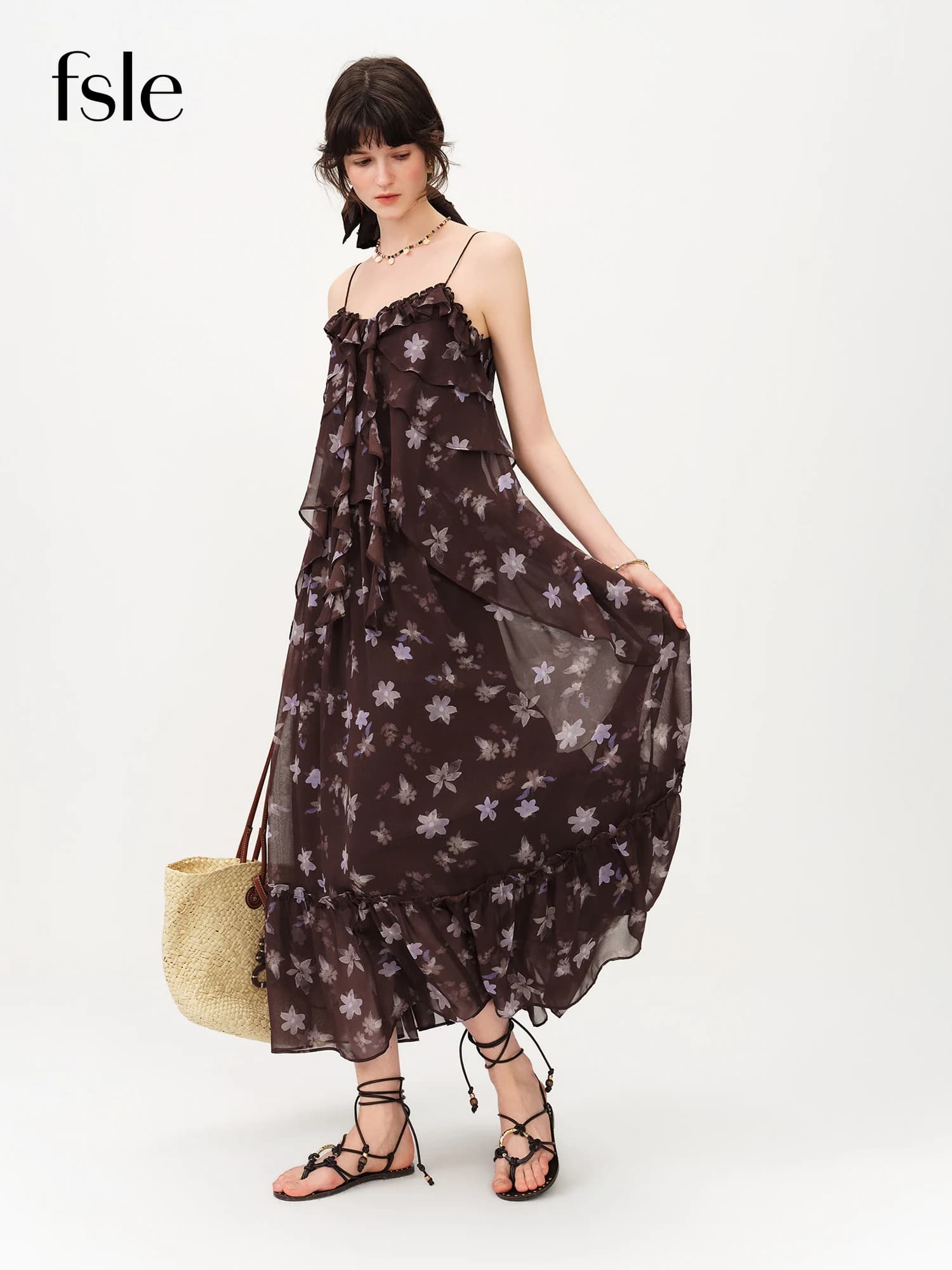 Robe longue à volants style halter FSLE, imprimé floral café et violet, nouvelle collection Printemp