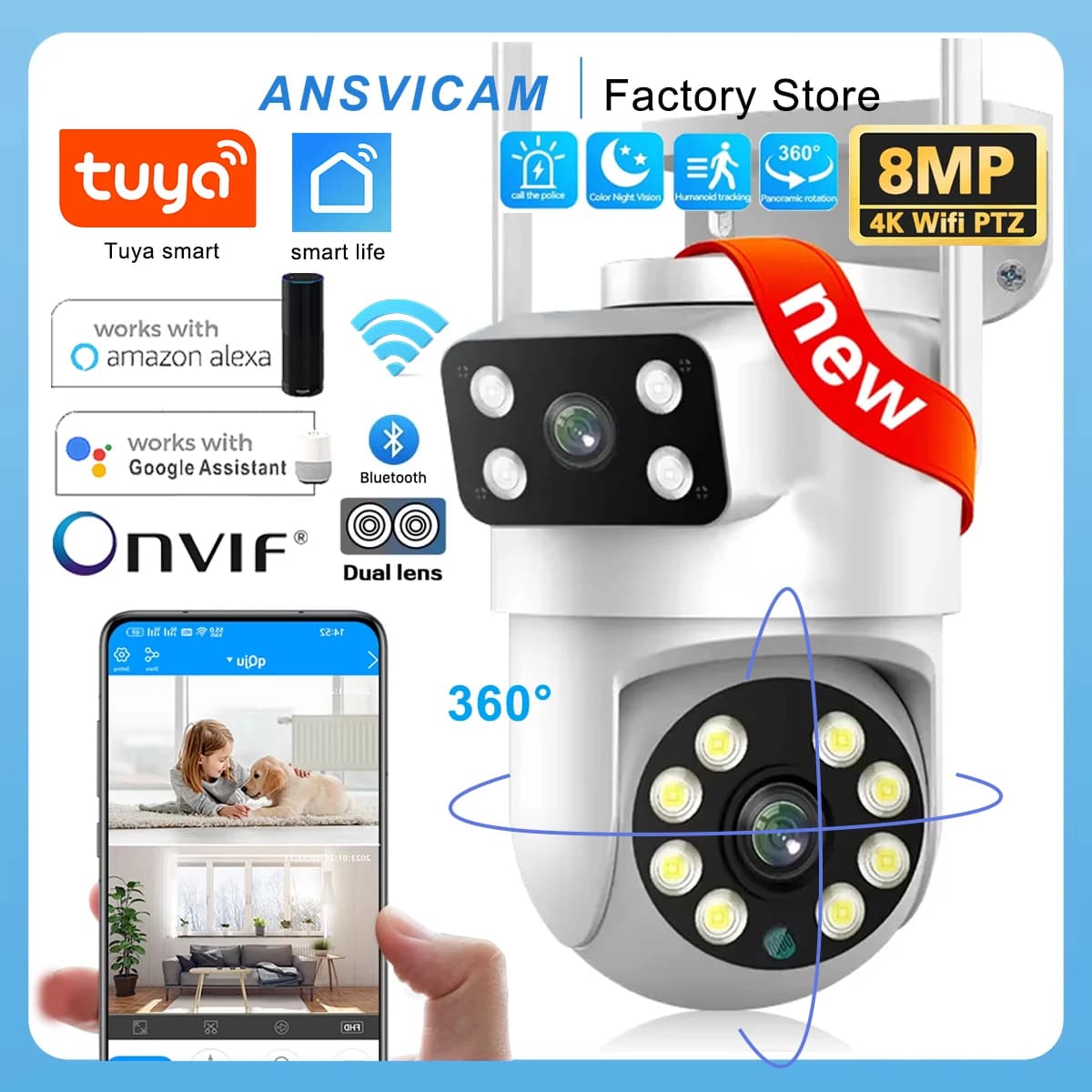 Caméra de sécurité IP sans fil extérieure ANSVICAM Tuya 4K 8MP HD double objectif Wi-Fi PTZ avec sui