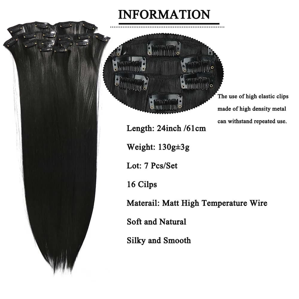 Extensions de cheveux synthétiques longues et lisses à clips, 24 pouces, 16 clips, 7 pièces/ensemble