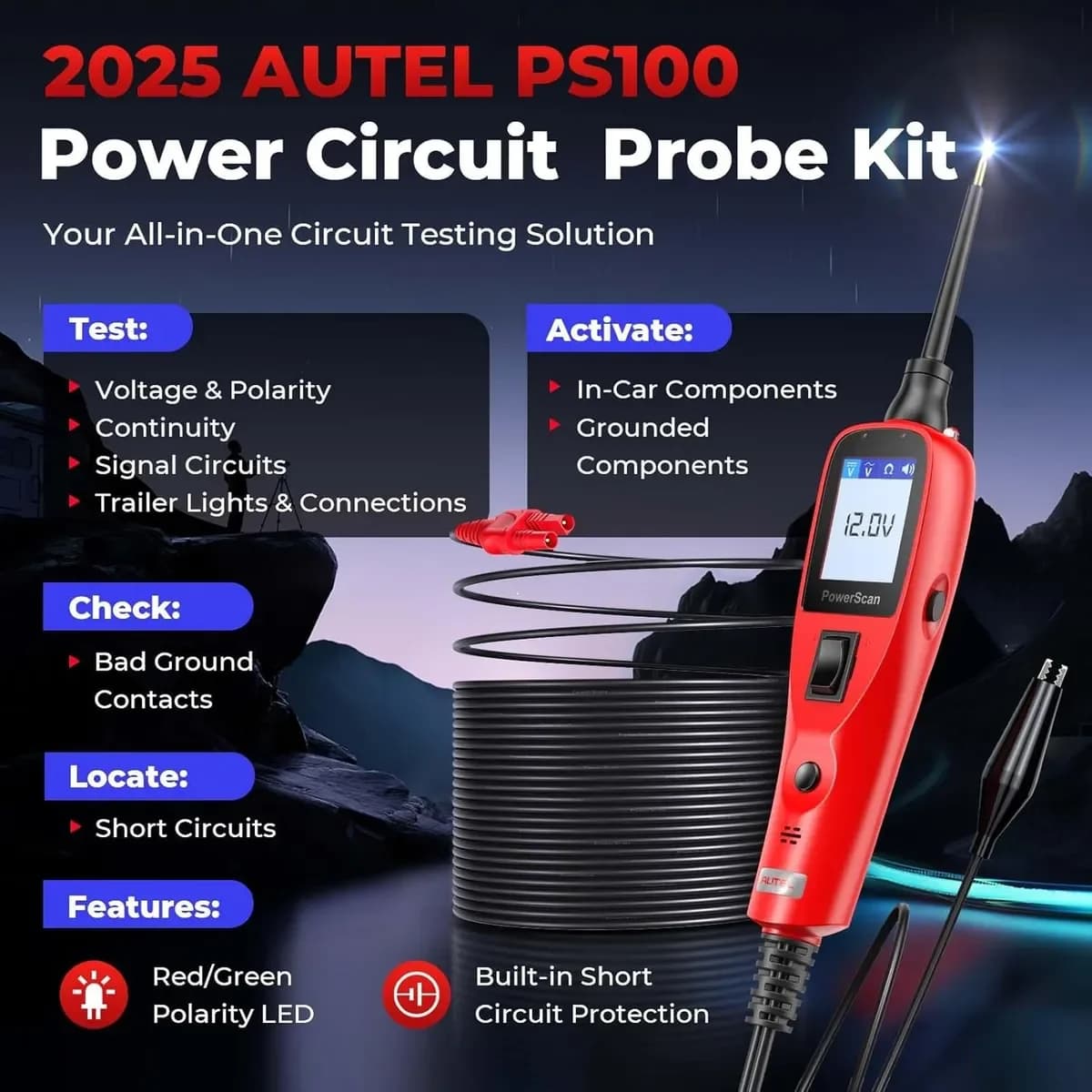 Autel Power Scan PS100 – Kit de sonde de Circuit électrique, 12V 24V AC DC, tension numérique, teste