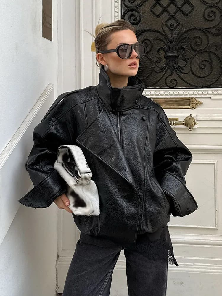 HH femmes automne élégant Style de rue manteaux femme asymétrique bouton poche manches longues noir 