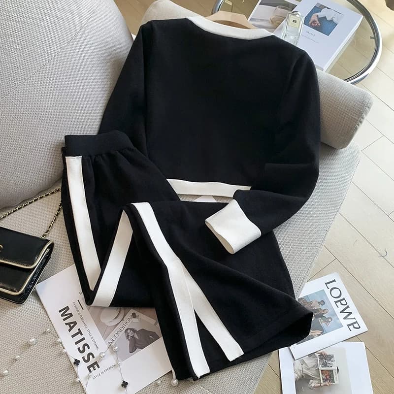 Cardigan à manches longues et pantalon à jambes larges pour femme, pull fendu, ensemble deux pièces,