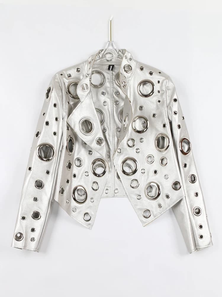 Nerazzurri-Veste courte en cuir PU évidée pour femme, Rivet, Cool mn fraîchement Designer Clothes, R