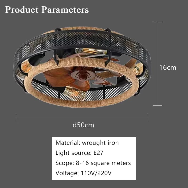 Ventilateur de plafond en fer avec corde de chanvre, 50 cm, pales ABS E27, ventilateur électrique, l