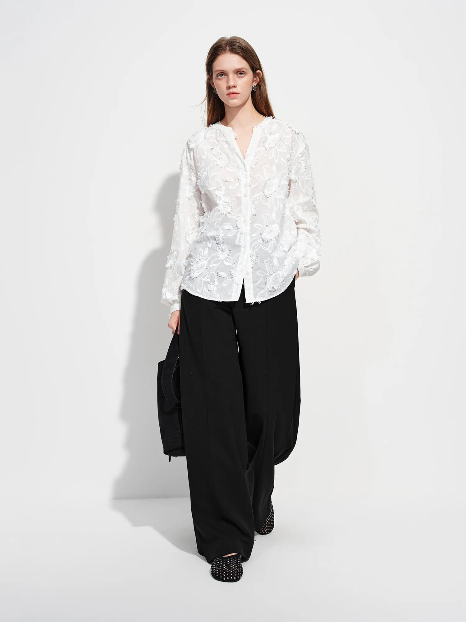 FSLE 2026 Nouvelle Blouse Femme Printemps-Été à Col Rond en Jacquard 3D, Chemise de Bureau à Manches