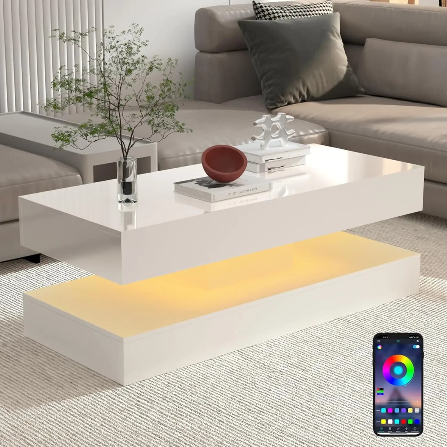Table basse LED à haute brillance, table centrale moderne avec 2 rangements à proximité, 47,3 pouces