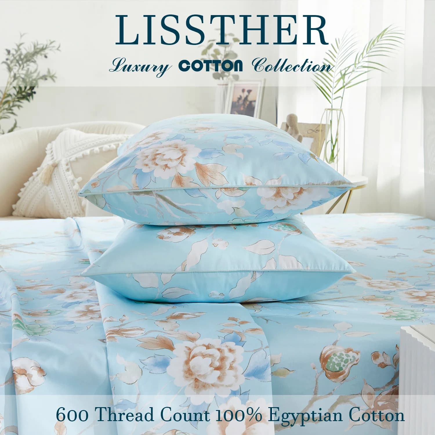 Ensemble de housse de couette 3 pièces 600TC 100% coton égyptien, Vintage bleu clair oiseau aquarell