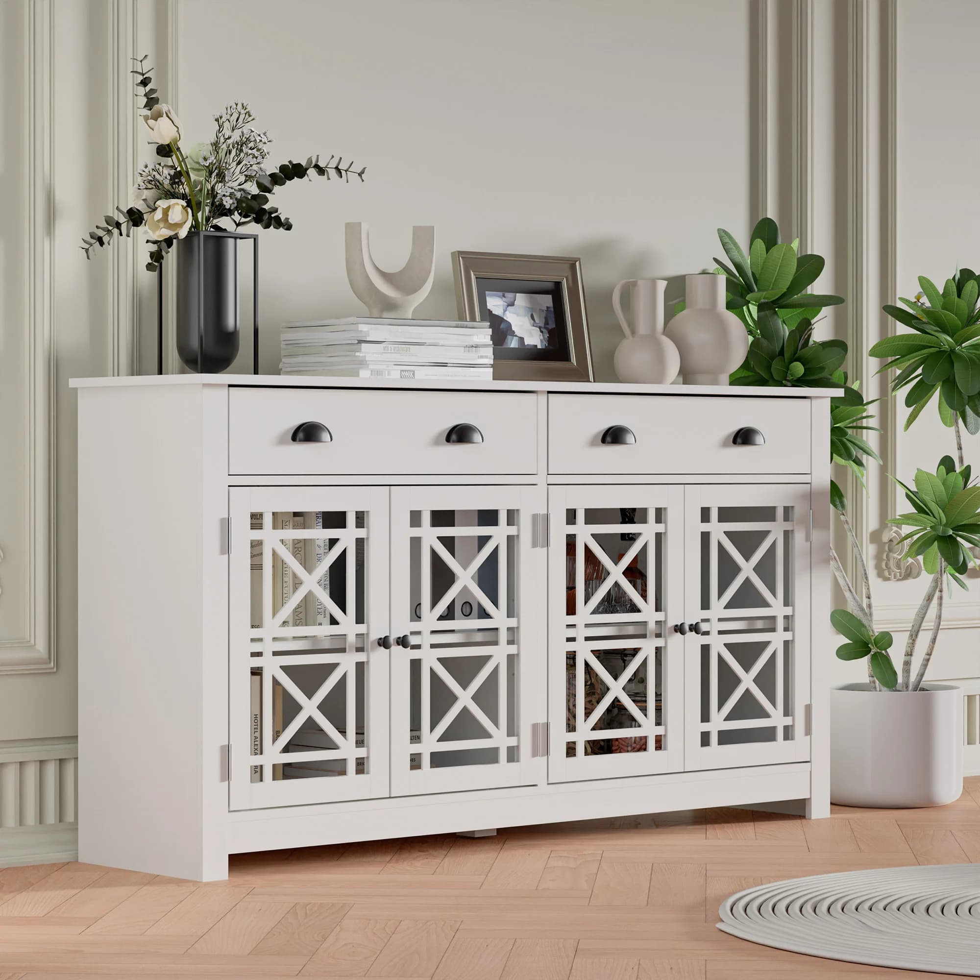Buffet en bois avec 4 portes en verre acrylique, armoire de bar autoportante, armoire de planche mod