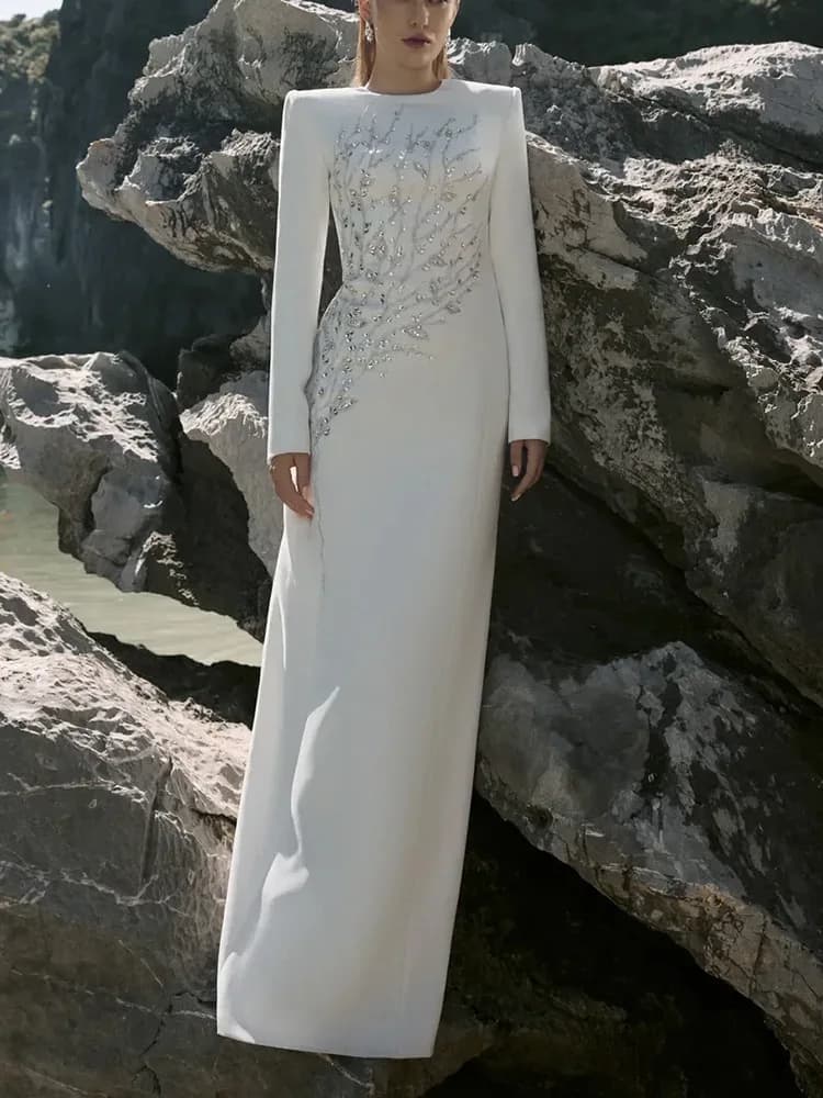 HIGH STREET Nouvelle Collection 2026 Robe Longue de Soirée Formelle pour Femme, Manches Longues, Orn