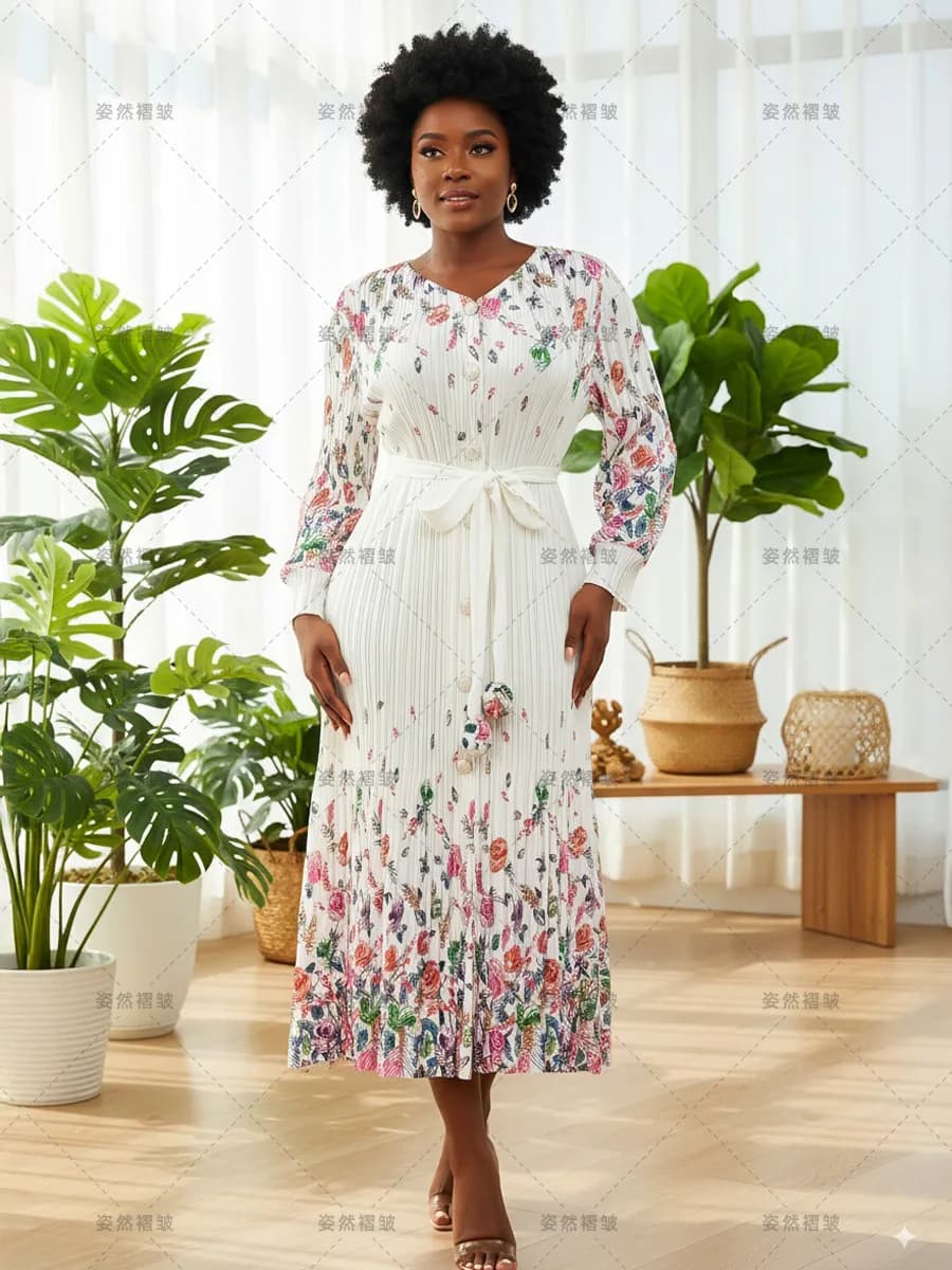 Miyake – robe plissée à manches longues pour femme, vêtement décontracté, jupe froissée, taille uniq