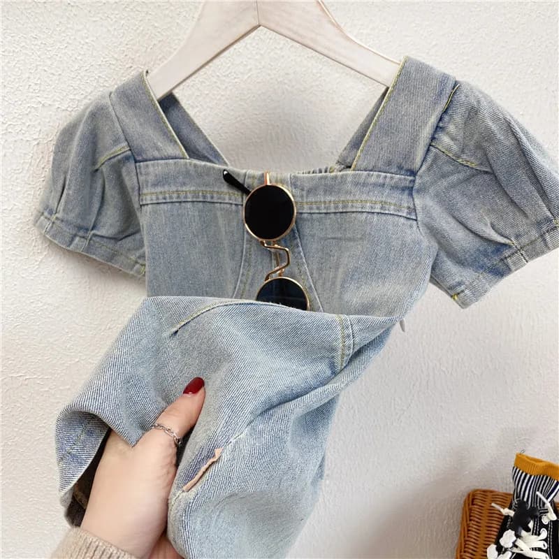 Nouvelle Robe en Jean pour Filles Été 2026 Style Coréen Tendance Manches Courtes Manches Bouffantes 