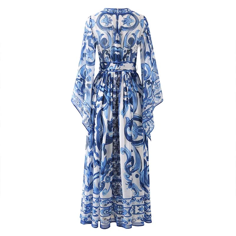 Robe de vacances à imprimé de porcelaine rouge bleu et blanc pour femmes, robe longue d'été, robe bo