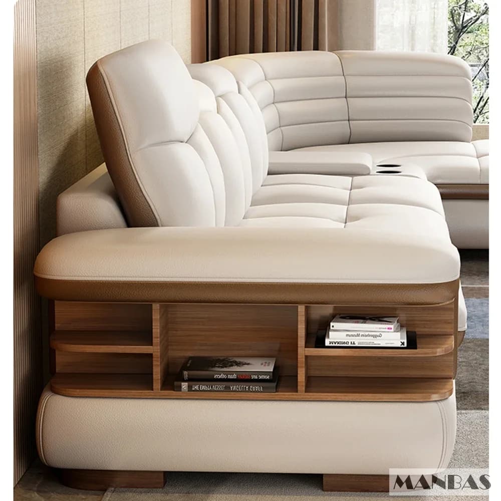 Canapé sectionnel en cuir véritable en forme de L, ensembles de luxe, USB, haut-parleur Bluetooth, s