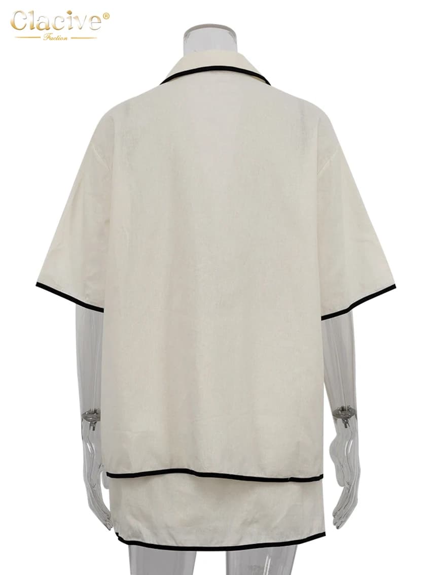 ClacMarkets-Ensemble 2 pièces en coton beige pour femme, chemise à manches mi-longues, mini jupe tai