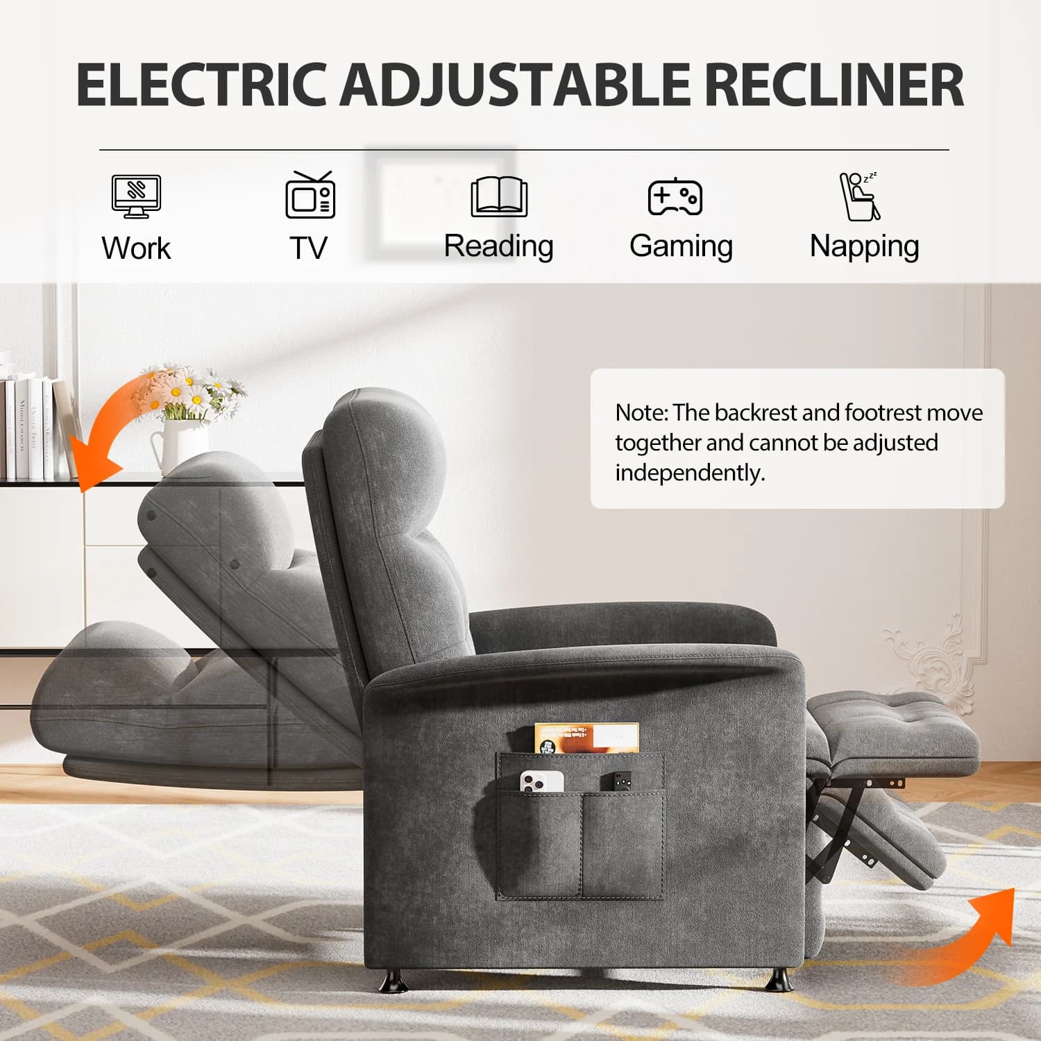 Fauteuil inclinable électrique avec métropolitain et massage, fauteuil inclinable réglable en tissu 