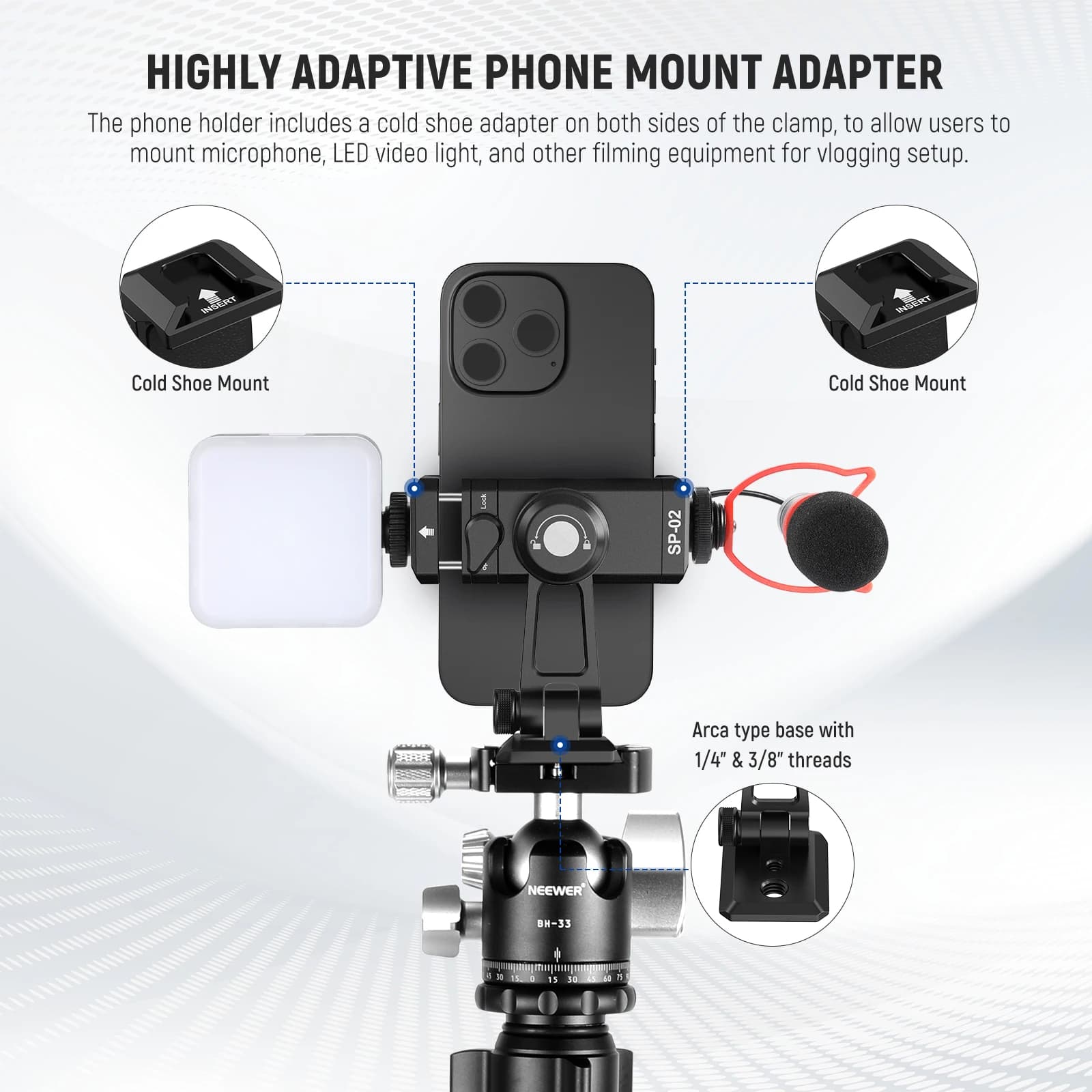 NEEWER Adaptateur de montage sur trépied pour téléphone en métal avec base Arca QR, chaussure froide