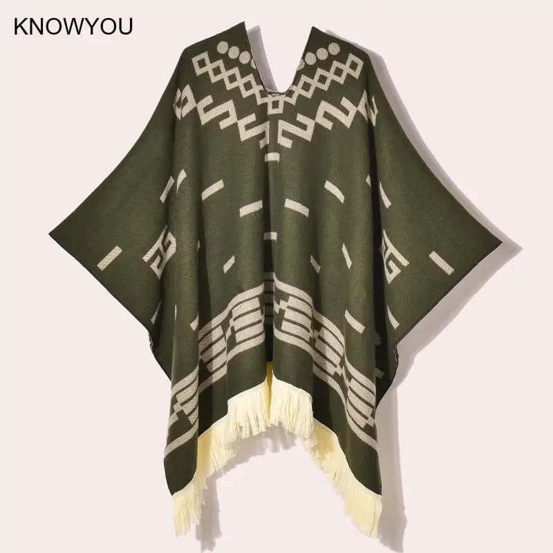 Poncho de voyage pour femmes, châle, Style ethnique, glands, Cape à capuche, Jacquard chaud d'hiver,