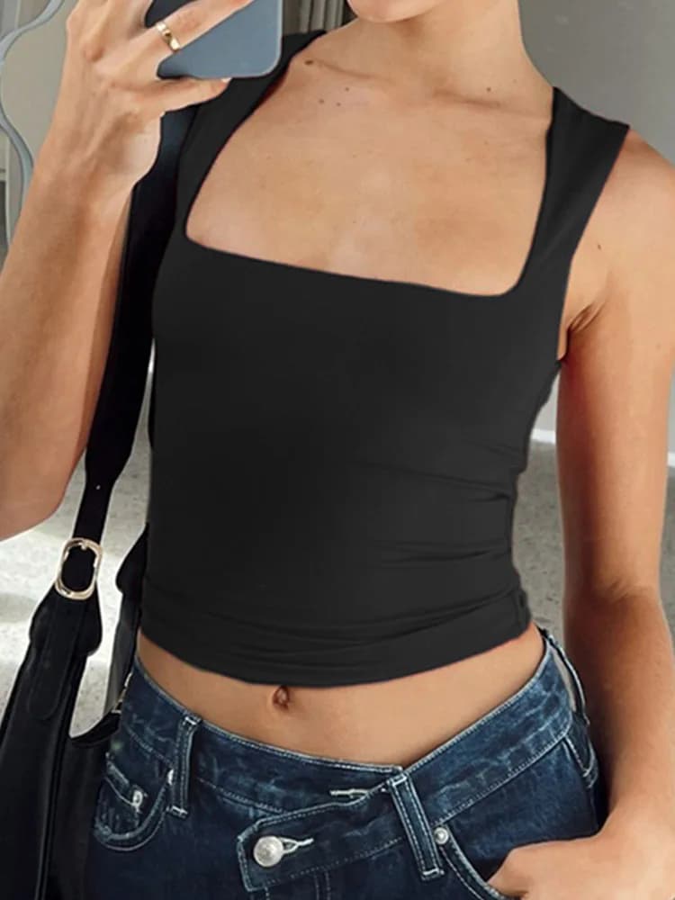 Haut court à col en fibre pour femme, T-shirt noir, Précieux, Y2K, Été, Sexy, 2024