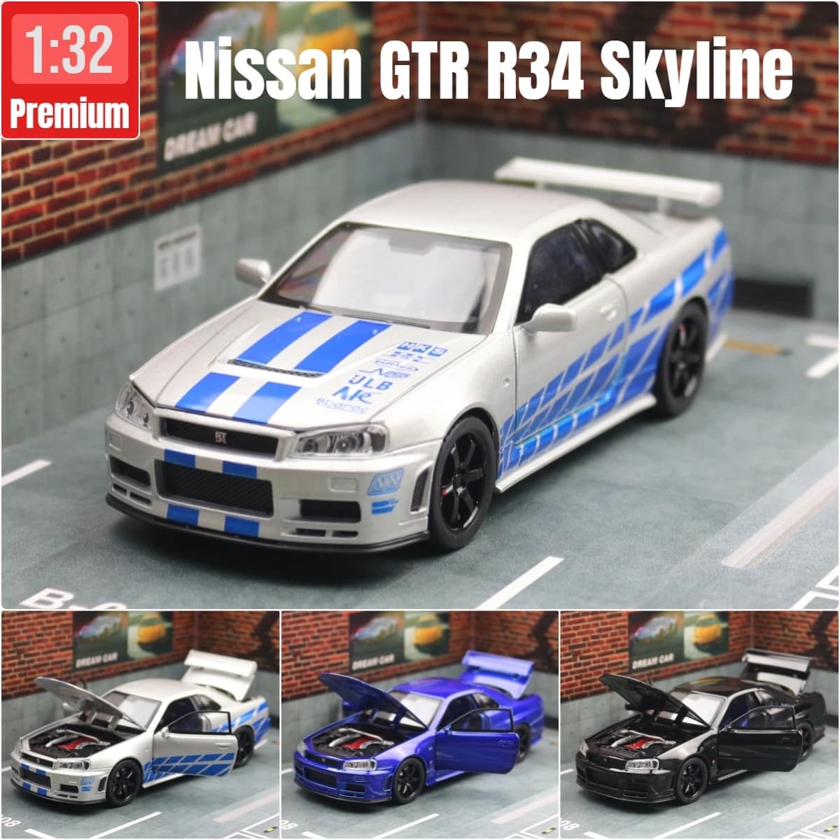 Nissan Skyline GTR R34 JDM, modèle de voiture jouet moulé sous pression, Miniature, son et lumière, 